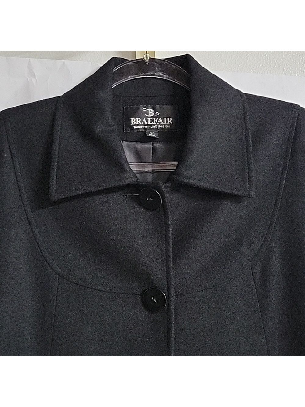 Women's Braefair Vintage Black Wool Mix Overcoat, Size 12 - Picture 15 of 16